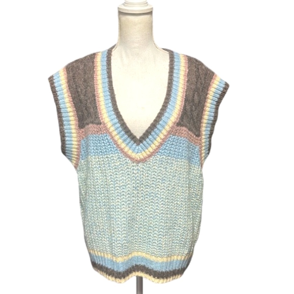 Pol Multicolor Sweater Vest Oversized blue mauve brown cream multi patterns - Picture 4 of 12